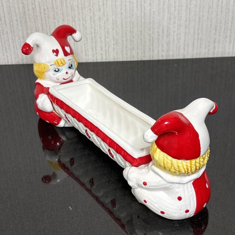 Vintage Harlequin Pixie Dish MCM Ceramic Candy Red Holiday Jester Vanity Holder - Picture 3 of 12